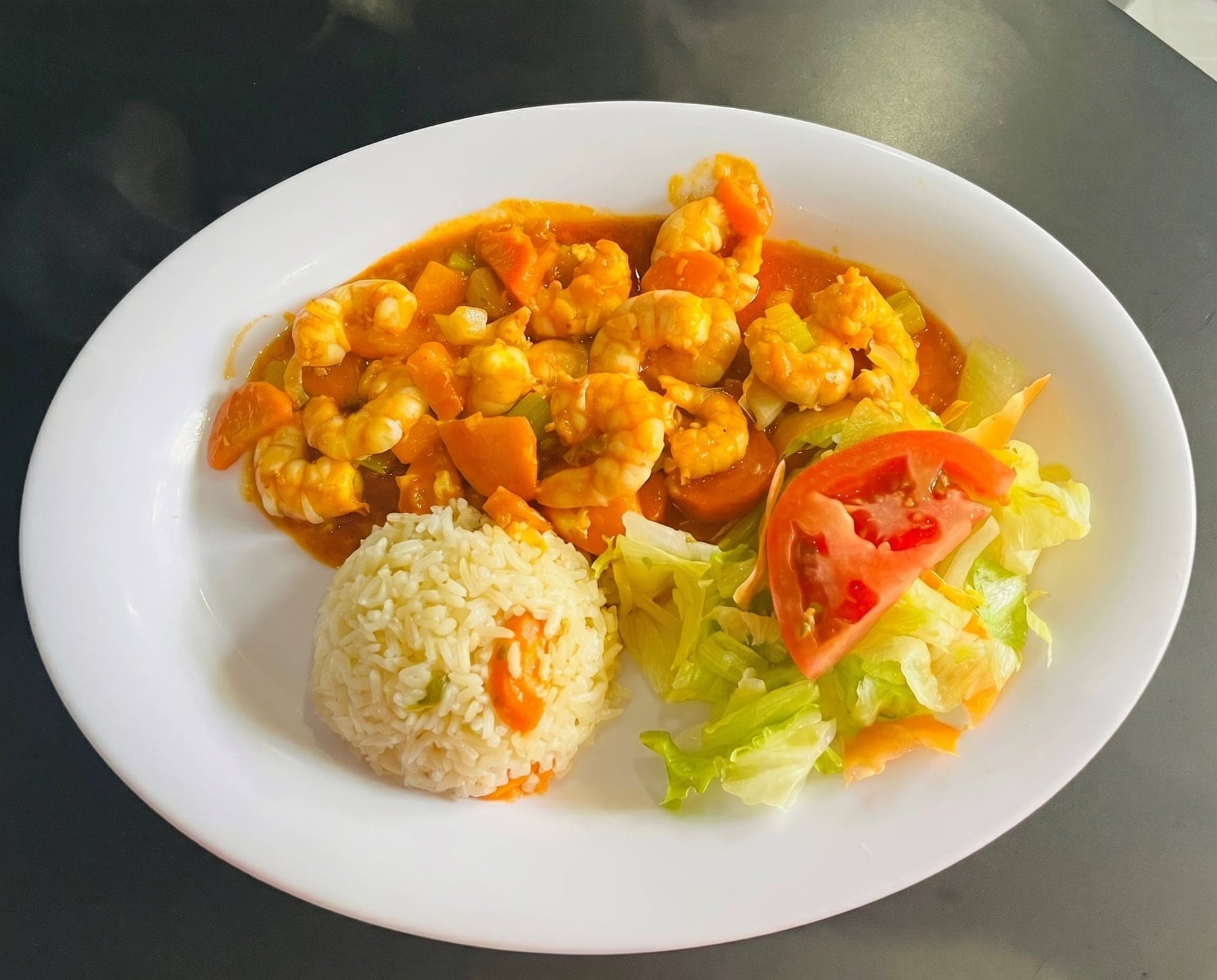 Camarones a la Diabla plate with rice