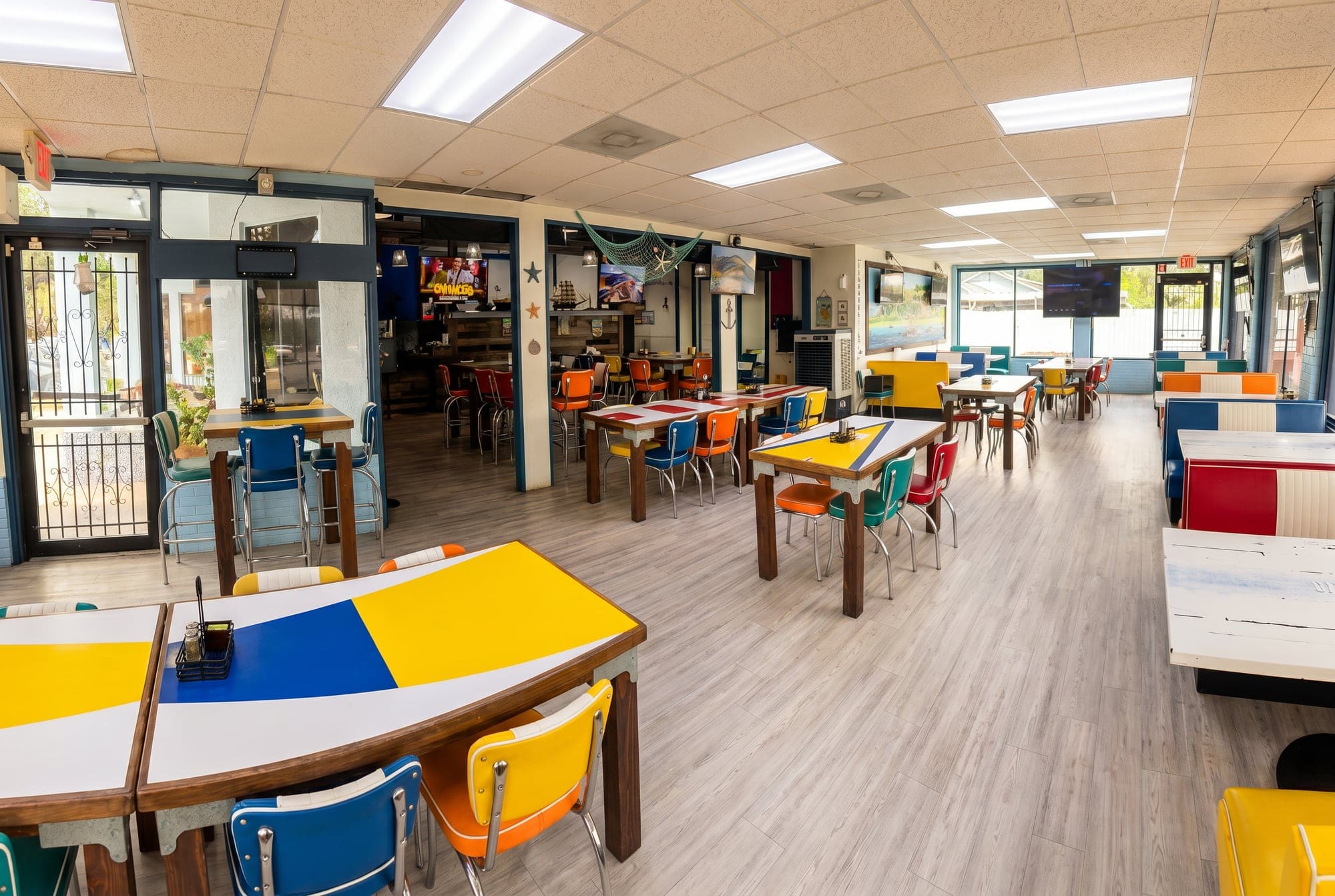 Wide view of the colorful dining room