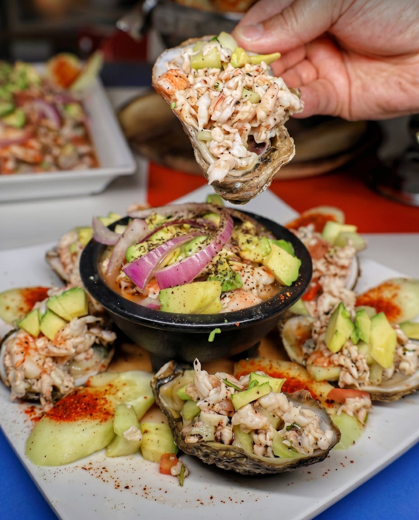 Ceviche tostadas with molcajete bowl